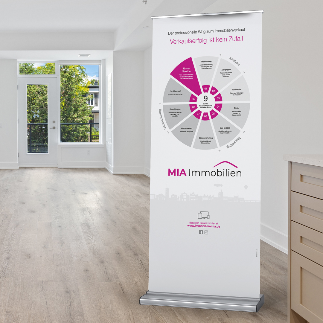 Roll-Up Display Vermarktungsprozess für Immobilienverkauf - Referenz Mia Immobilien - hbtimmo.de