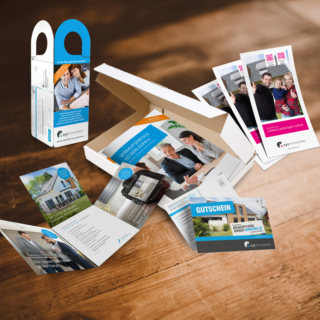 Produktmuster Printprodukte für Immobilienmakler - hbtimmo.de
